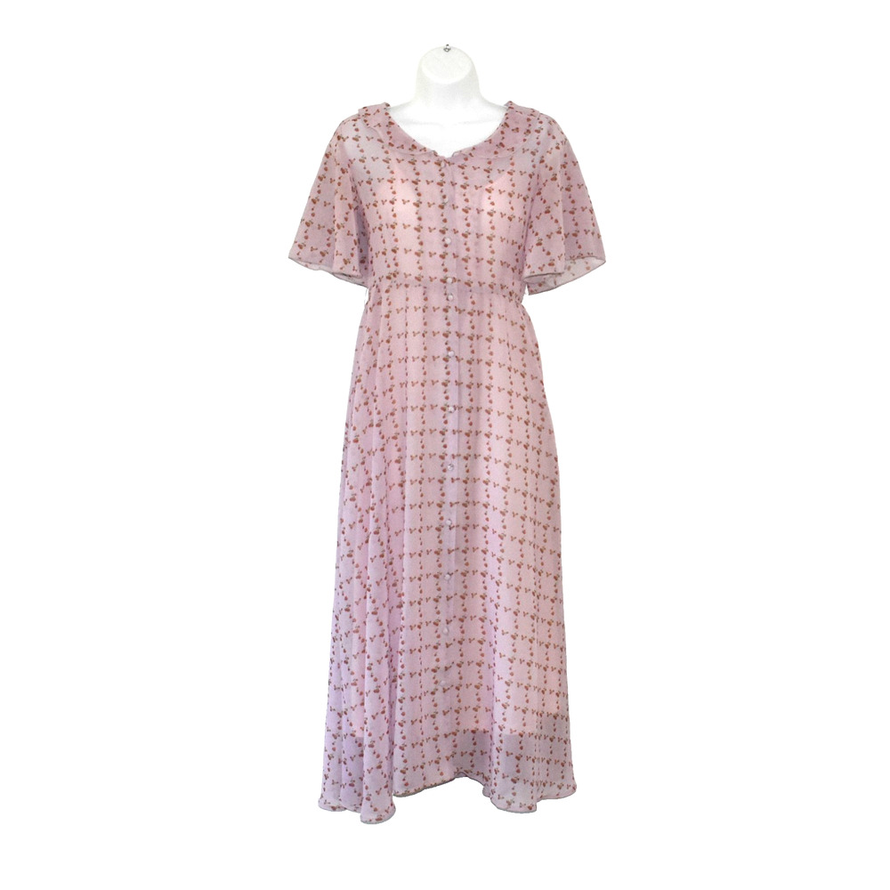 A5 Auth JOUETIE Printed Roses Chiffon Button Front Collared Long Dress Size M